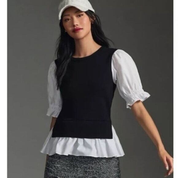 Anthropologie Layered Puff Sleeve Peplum Top XL Black White Preppy Chic - Picture 2 of 9